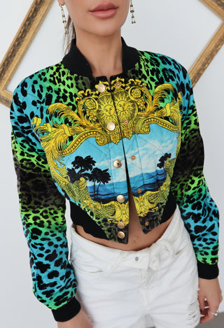 Versace x H&M multicoloured cropped bomber jacket with neon leopard print and gold baroque front, photographed on model for Luxury Kulture.