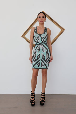 Hervé Léger blue green geometric bandage mini dress — sleeveless knit bodycon designer dress available at Luxury Kulture.