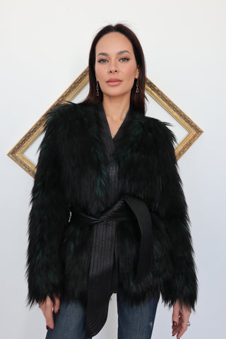 Balmain x H&M black and green faux fur belted jacket photographed on model for Luxury Kulture.