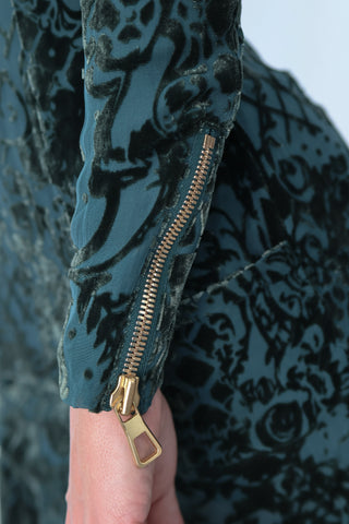 Balmain x H&M green velvet mini dress with padded shoulders and gold back zip