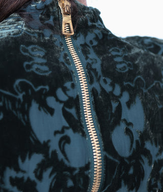 Balmain x H&M green velvet mini dress with padded shoulders and gold back zip