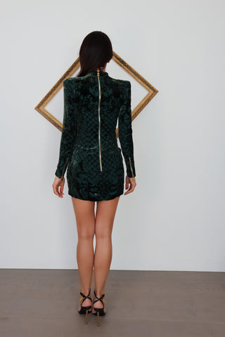 Balmain x H&M green velvet mini dress with padded shoulders and gold back zip