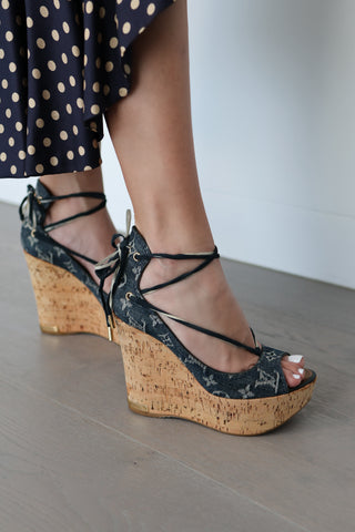 Louis Vuitton monogram denim wedge sandals with ankle strap and open toe design