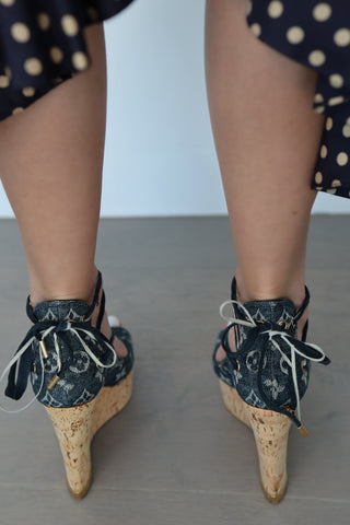 Louis Vuitton monogram denim wedge sandals with ankle strap and open toe design