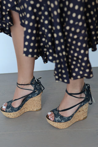 Louis Vuitton monogram denim wedge sandals with ankle strap and open toe design