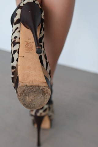 Versace leopard print calf hair caged heel booties with open toe and high heel design