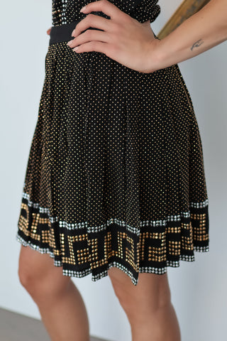 Versace x H&M black silk pleated mini skirt with gold and silver metallic print