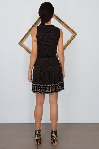 Versace x H&M black silk pleated mini skirt with gold and silver metallic print