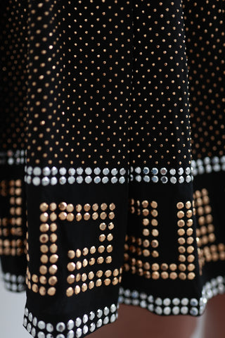 Versace x H&M black silk pleated mini skirt with gold and silver metallic print