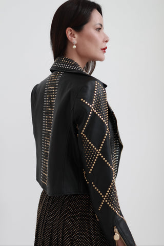 Versace x H&M black studded lambskin leather biker jacket with silver hardware