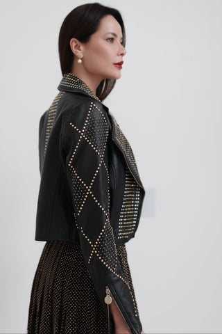 Versace x H&M black studded lambskin leather biker jacket with silver hardware