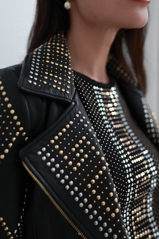 Versace x H&M black studded lambskin leather biker jacket with silver hardware