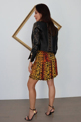 Versace x H&M 2011 leopard print silk mini skirt with central pink sunset graphic and baroque detailing
