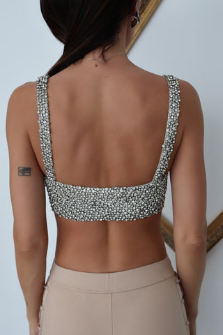Moschino x H&M silver crystal cropped bustier top with rhinestone embellishment