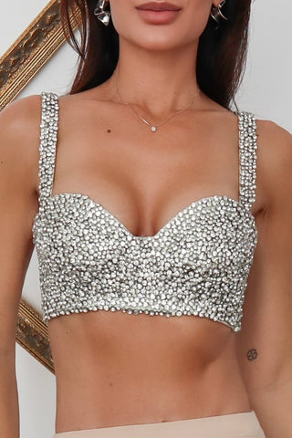 Moschino x H&M silver crystal cropped bustier top with rhinestone embellishment