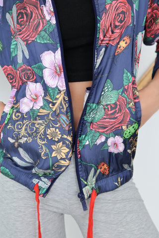 Adidas Originals x Rita Ora navy blue track jacket with floral and insect print and zip front