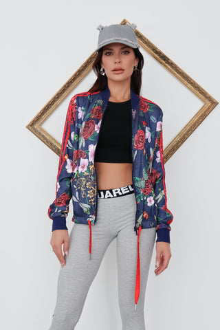 Adidas Originals x Rita Ora navy blue track jacket with floral and insect print and zip front