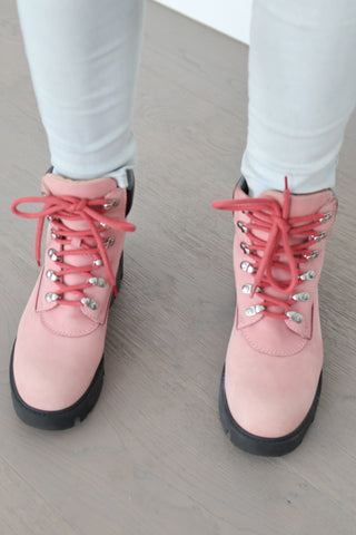 Acne Studios Telde pink calfskin chunky platform boots with lace-up front and thick black sole