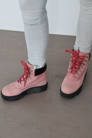 Acne Studios Telde pink calfskin chunky platform boots with lace-up front and thick black sole