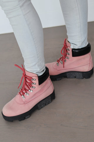 Acne Studios Telde pink calfskin chunky platform boots with lace-up front and thick black sole