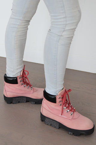 Acne Studios Telde pink calfskin chunky platform boots with lace-up front and thick black sole