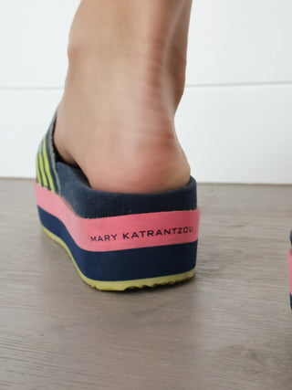 Mary Katrantzou x adidas Originals navy blue “No Diving” slides with graphic strap, size 38