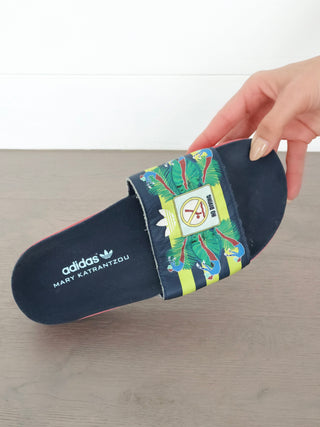Mary Katrantzou x adidas Originals navy blue “No Diving” slides with graphic strap, size 38