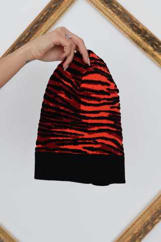 Kenzo x H&M red and black tiger stripe wool-blend beanie with ribbed knit construction.