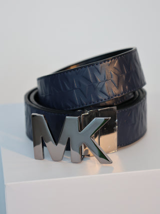 Michael Kors navy leather MK logo belt silver buckle embossed designer belt