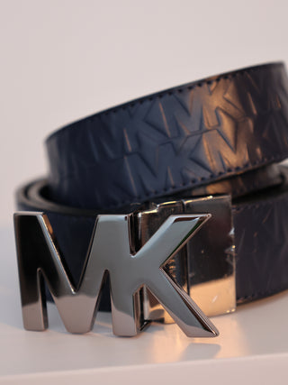 Michael Kors navy leather MK logo belt silver buckle embossed designer belt