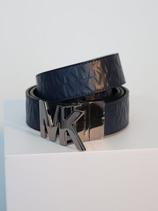 Michael Kors navy leather MK logo belt silver buckle embossed designer belt