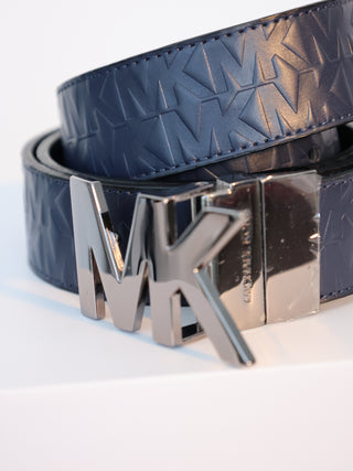 Michael Kors navy leather MK logo belt silver buckle embossed designer belt