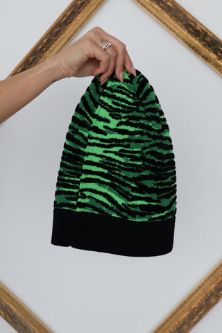 Kenzo x H&M green and black tiger stripe wool-blend beanie with ribbed knit construction.