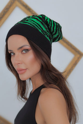 Kenzo x H&M green and black tiger stripe wool-blend beanie with ribbed knit construction.