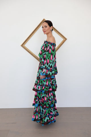 Kenzo x H&M green leopard floral chiffon off-shoulder top and pleated maxi skirt set – limited-edition collector’s item at Luxury Kulture.