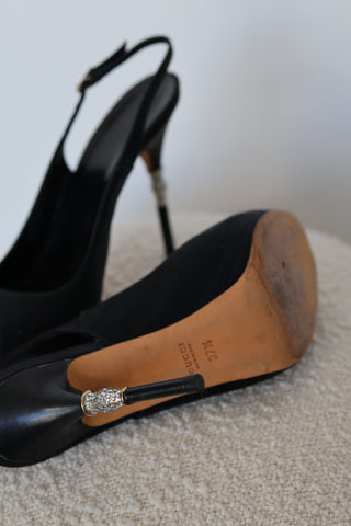 Gucci black suede peep toe slingback heels with crystal embellished stiletto heel
