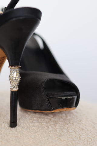 Gucci black suede peep toe slingback heels with crystal embellished stiletto heel
