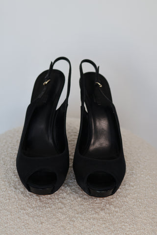 Gucci black suede peep toe slingback heels with crystal embellished stiletto heel