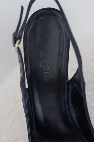 Gucci black suede peep toe slingback heels with crystal embellished stiletto heel