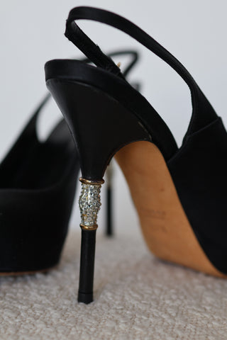 Gucci black suede peep toe slingback heels with crystal embellished stiletto heel