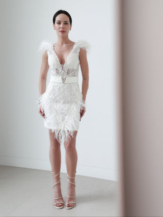 Portia & Scarlett white embellished mini evening dress with feather trim, fitted silhouette.