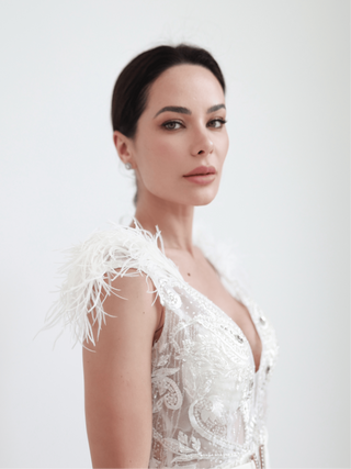 Portia & Scarlett white embellished mini evening dress with feather trim, fitted silhouette.