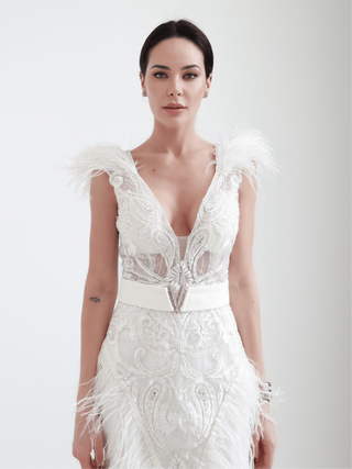 Portia & Scarlett white embellished mini evening dress with feather trim, fitted silhouette.