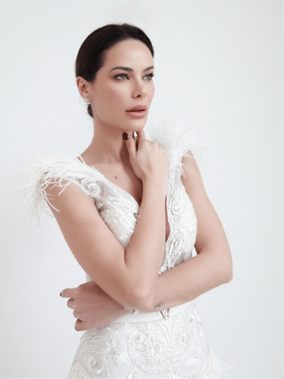 Portia & Scarlett white embellished mini evening dress with feather trim, fitted silhouette.