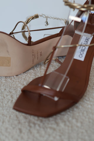 Jimmy Choo Oriana 75 camel leather heels with gold chain ankle straps and square toe design, size EU 38.5.