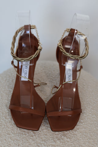 Jimmy Choo Oriana 75 camel leather heels with gold chain ankle straps and square toe design, size EU 38.5.