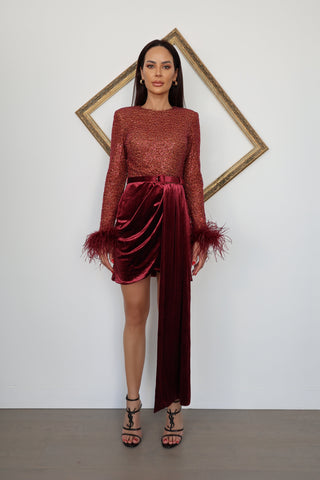 Lavish Alice Amira red mini dress with sequin embellishments, feather-trim detailing, stretch fabric, and fitted silhouette.