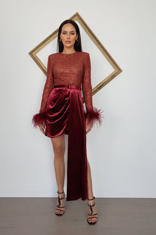 Lavish Alice Amira red mini dress with sequin embellishments, feather-trim detailing, stretch fabric, and fitted silhouette.