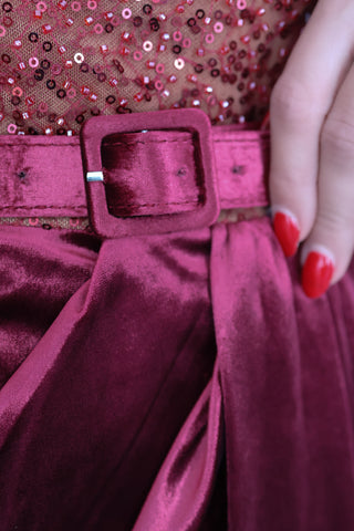 Lavish Alice Amira red mini dress with sequin embellishments, feather-trim detailing, stretch fabric, and fitted silhouette.