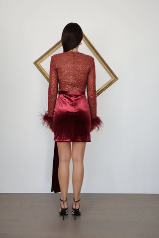 Lavish Alice Amira red mini dress with sequin embellishments, feather-trim detailing, stretch fabric, and fitted silhouette.